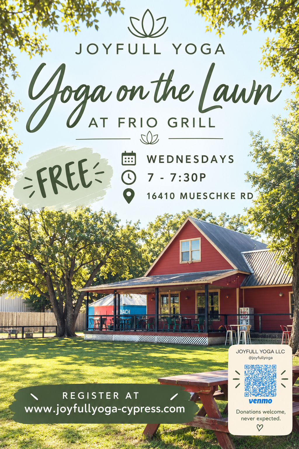 Yoga on the Lawn at Frio Grill flyer