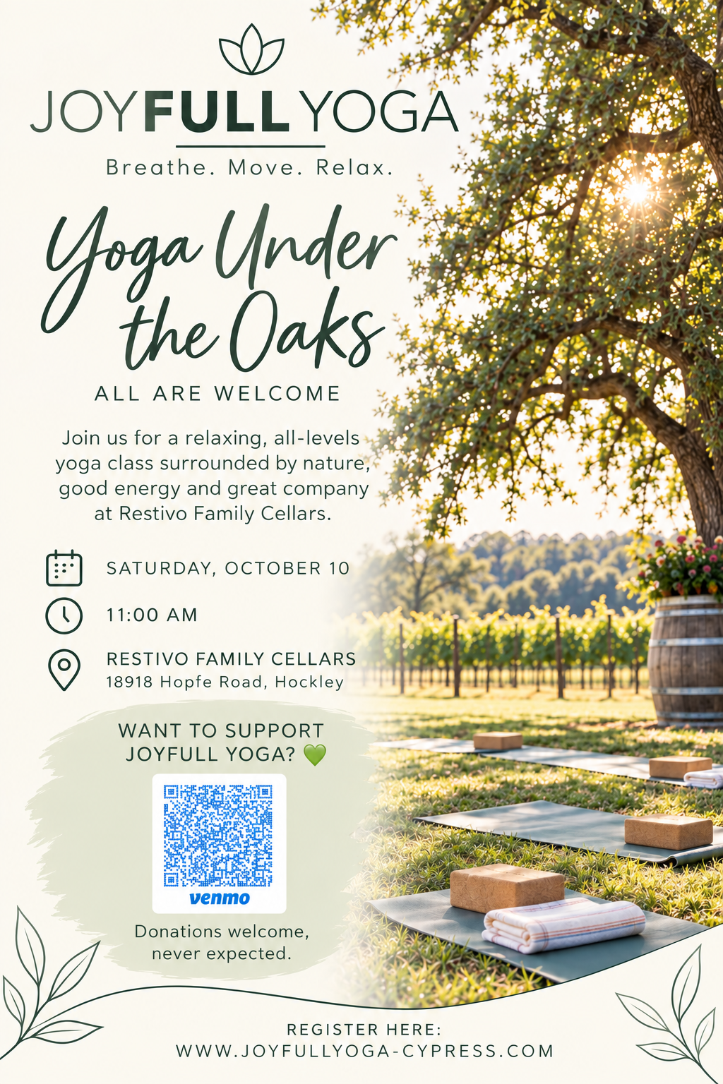 Yoga Under the Oaks at Restivo Family Cellars flyer